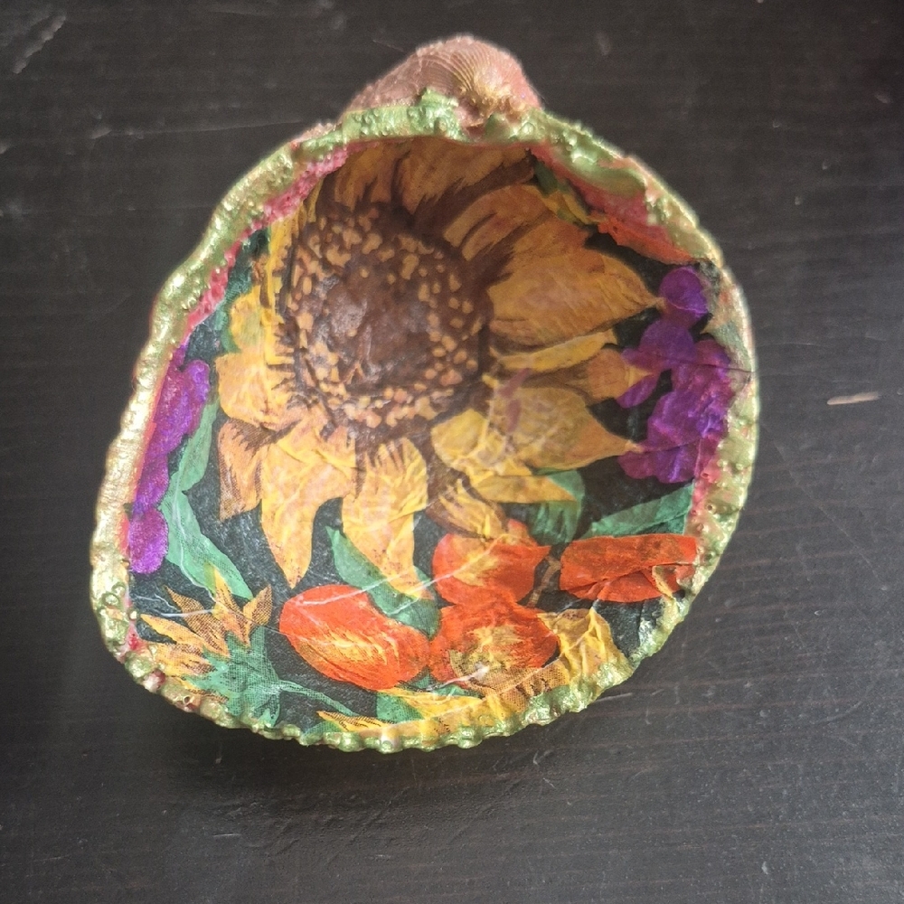 Handcrafted Floral Decoupage  Seashell